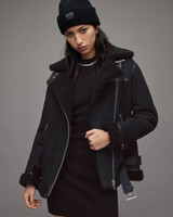 Women's Matt Black Shearling Leather Jacket Women's Matt Black Shearling Leather Jacket