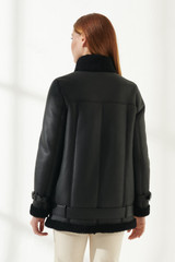 Women's Casual Black Oversized Shearling Leather Jacket