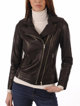Women’s Genuine Black Leather Biker Lapel Collar Jacket