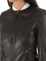 Women Collarless Quilted Biker Black Leather Jacket