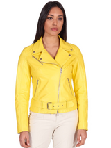 Women Belt Closure Yellow Biker Leather Jacket Women Belt Closure Yellow Biker Leather Jacket