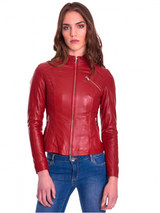 Women Zipper Red Biker Leather Jacket