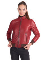 Womens Red Genuine Leather Bomber Jacket