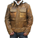 Men's Distressed Brown Fur Hooded Jacket