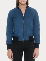 Women Blue Suede Bomber Jacket Women Blue Suede Bomber Jacket