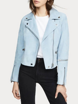 Womens Pale Blue Suede Biker Leather Jacket Womens Pale Blue Suede Biker Leather Jacket