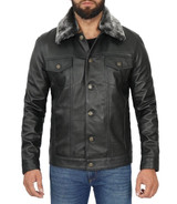 Men's Black Leather Trucker Jacket with Fur Collar