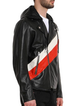 Striped Hooded Biker Black Real Leather Jacket