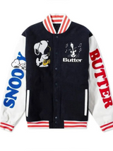Snoopy Butter Black and White Letterman Varsity Jacket