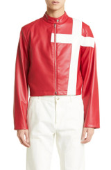Mens Cross Red Leather Biker Jacket