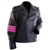 Bret Hart Biker Pink Striped Black Leather Jacket