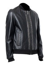 Mens Black Designer Metal Studded Bomber Leather Jacket