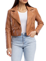 Womens Shiny Brown Leather Moto Jacket