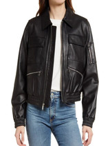 Women's Black Leather Bomber Jacket