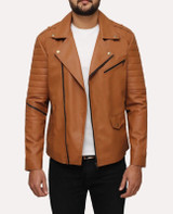 Mens Stylish Brown Leather Striped Sleeves Biker Jacket