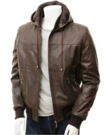 Mens Distressed Brown Hooded Leather Jacket