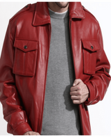 Mens Stylish Red Leather Bomber Jacket