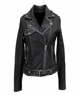 Womens Distressed Belted Designer Black Leather Jacket