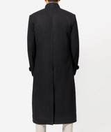 Mens Black Mandarin Collar Knee Length Wool Coat