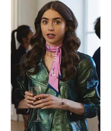 Emily In Paris Emily Cooper Green Metallic Moto Jacket