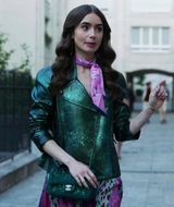 Emily In Paris Emily Cooper Green Metallic Moto Jacket Emily In Paris Emily Cooper Green Metallic Moto Jacket
