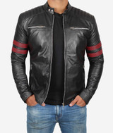 Mens Black Quilted Red Stripe Cafe Racer Leather Motorcycle Jacket Mens Black Quilted Red Stripe Cafe Racer Leather Motorcycle Jacket