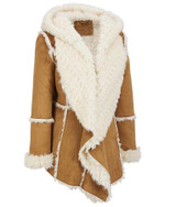 Womens Brown Suede Faux Fur Overcoat With Hood
