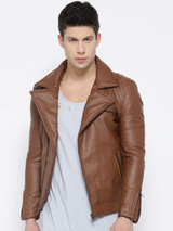 Men Brown Solid Asymmetric Closure Biker Jacket