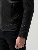 Men Black Moto Notch Collar Leather Jacket