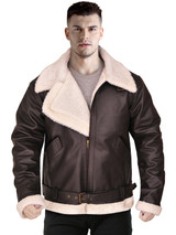 Men Faux Fur Collar Brown Leather Jacket