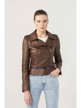 Womens Casual Stylish Brown Shiny Leather Jacket
