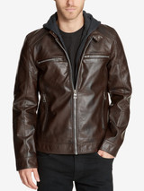 Men's Faux-Leather Detachable-Hood Biker Racer Jacket Men's Faux-Leather Detachable-Hood Biker Racer Jacket