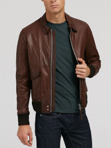Mens Dark Brown Folding Collar Bike Racer Bomber Jacket
