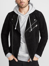 Mens Suede Biker Hooded Leather Jacket
