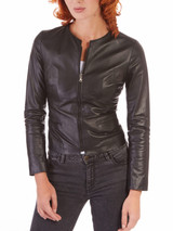 Womens Black Nappa Real Leather Round Collar Jacket Womens Black Nappa Real Leather Round Collar Jacket