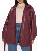 Womens Maroon Faux Leather Long Coat