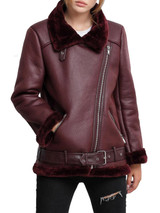 Faux Fur Shearling Leather Biker Jacket in Red Faux Fur Shearling Leather Biker Jacket in Red
