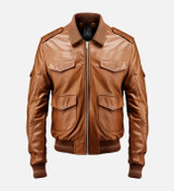 Men's Brown Strap Pockets Bomber Leather Jacket Men's Brown Strap Pockets Bomber Leather Jacket