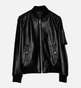 Men's Sheepskin Black Leather Bomber Jacket