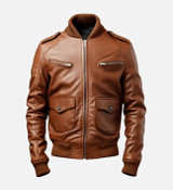 Men's Brown Leather Strap Pocket Style Bomber Jacket Men's Brown Leather Strap Pocket Style Bomber Jacket