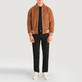 Men's Cooper Tan Brown Leather Varsity Jacket