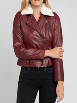 Women's Maroon Biker Shearling Fur Collared Leather Jacket Women's Maroon Biker Shearling Fur Collared Leather Jacket