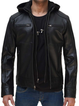 Dodge Mens Black Leather Jacket with Removable Hood Dodge Mens Black Leather Jacket with Removable Hood