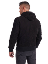 Mens suede leather Black biker hooded collar Jacket