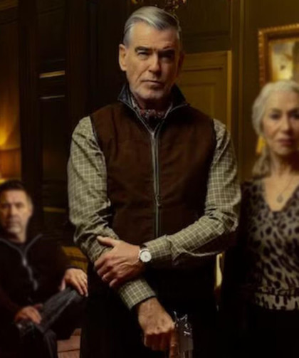 Conrad Harrigan MobLand Pierce Brosnan Brown Vest Conrad Harrigan MobLand Pierce Brosnan Brown Vest