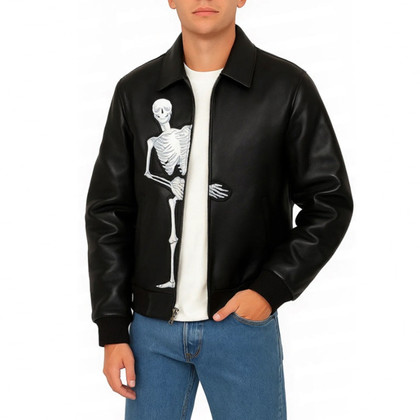 Halloween Skeleton Black Real Leather Jacket