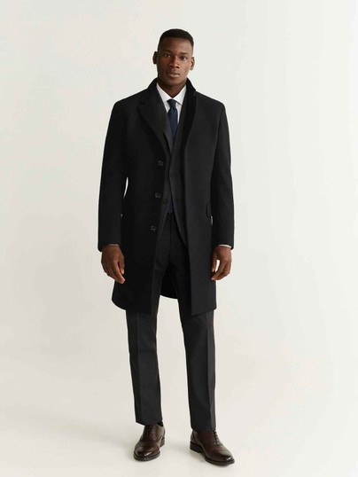 Men Black Lapel Wool Coat