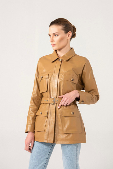 Women Belted Style Real Leather Coat In Tan Color Women Belted Style Real Leather Coat In Tan Color