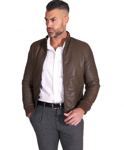 Taupe natural leather bomber jacket vintage aspect