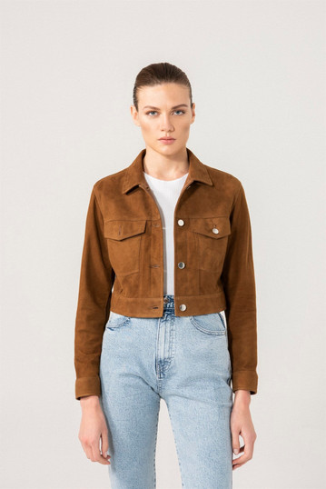 Womens Brown Short Length Suede Leather Jacket Womens Brown Short Length Suede Leather Jacket